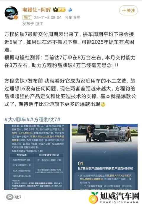 方程豹钛7太火了，订单超8万辆未交付，交付时间最长要等一个多月-2