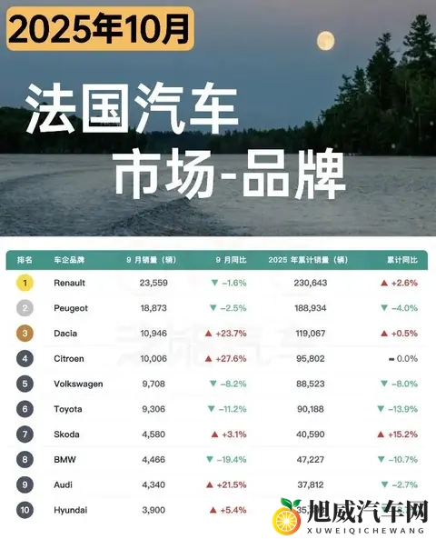 欧洲车市  法国2025年10月：汽车市场回暖 ，比亚迪和名爵销量暴涨-1