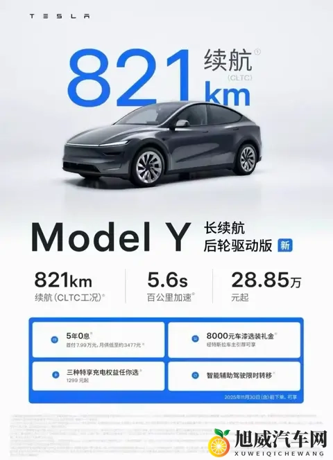 特斯拉Model Y长续航后驱版上市！2885万起，续航达821公里-1