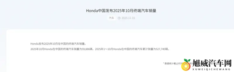 本田中国10月终端汽车销量59886辆，同比跌206%-1