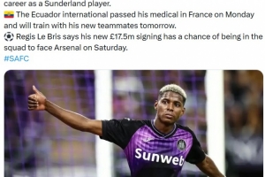 记者：桑德兰新援安古洛明天加入合练，有望被列入对阿森纳名单