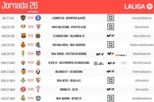 西甲26轮时间：2月28日23:15巴萨vs黄潜，3月3日4点皇马vs赫塔费